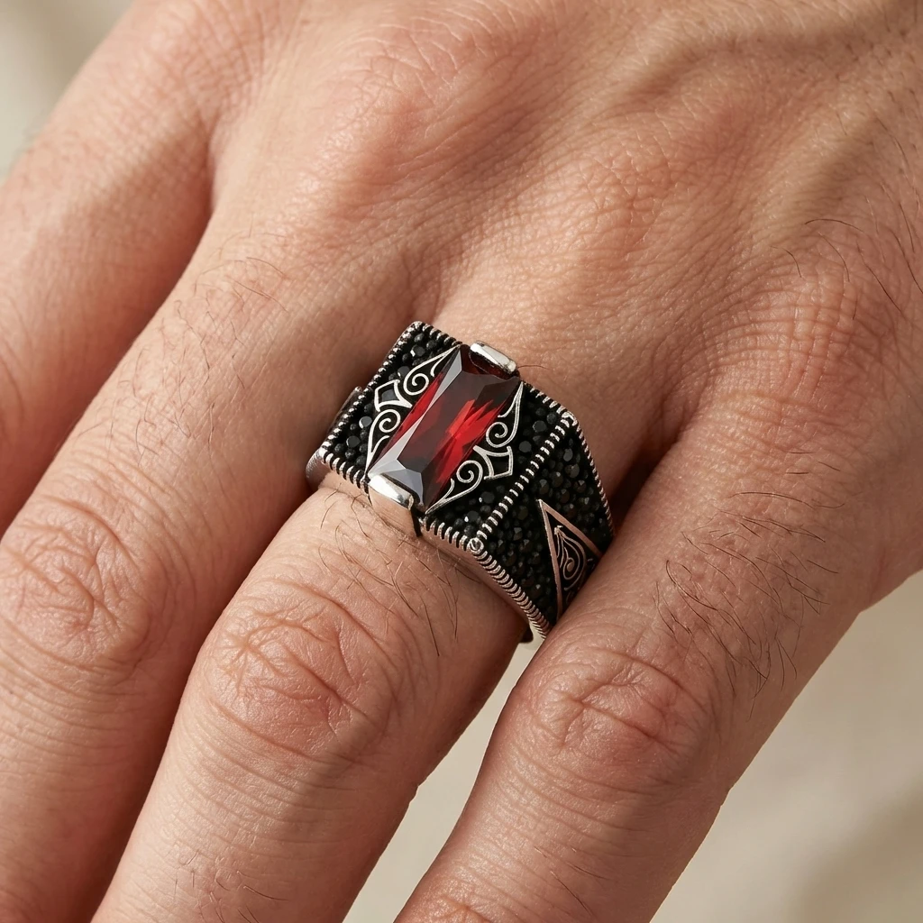 Barok İşlemeli Baget Taşlı Gümüş Yüzük