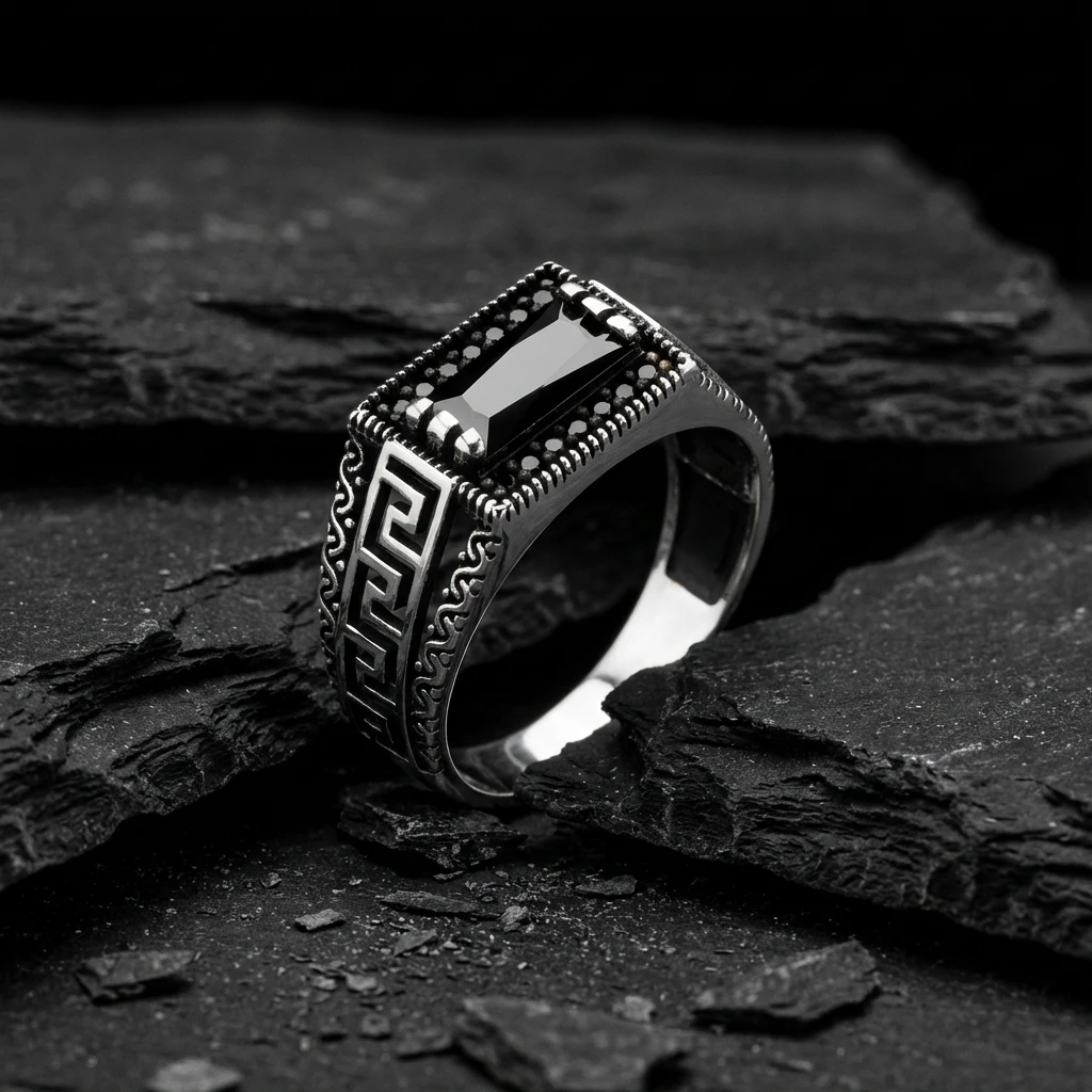 Labirent Desenli Baget Taşlı Gümüş Yüzük