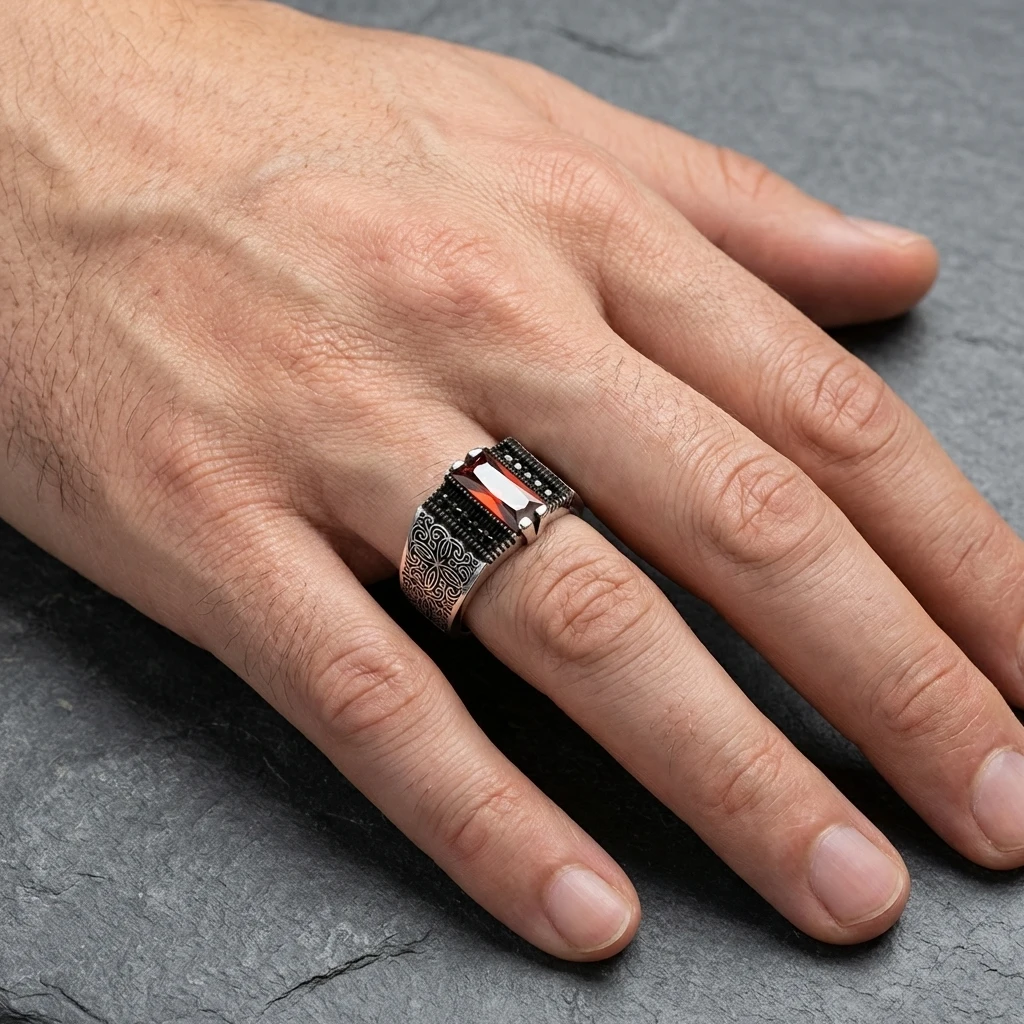 Kalemkar Desenli Baget Taşlı Gümüş Yüzük