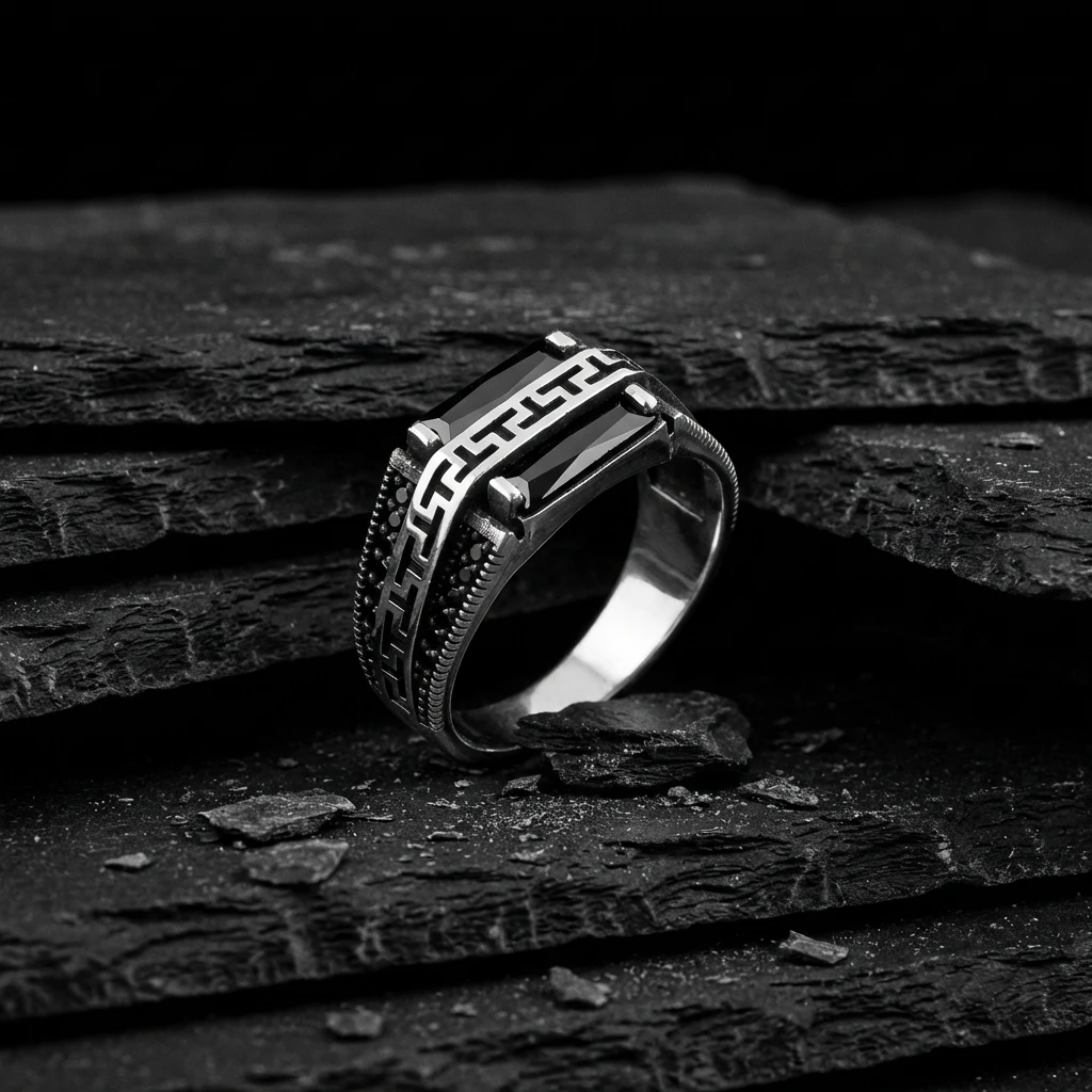 Çift Baget Taşlı Zikzak Desenli Gümüş Yüzük