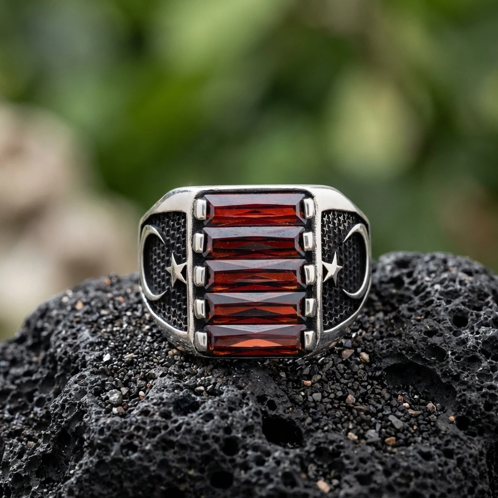 Ay Yıldız İşlemeli Beşli Baget Taşlı Yüzük