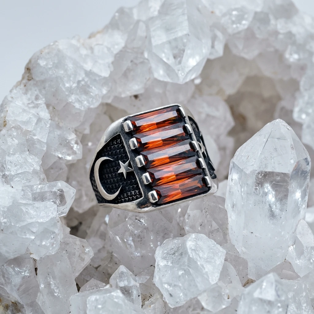 Ay Yıldız İşlemeli Beşli Baget Taşlı Yüzük