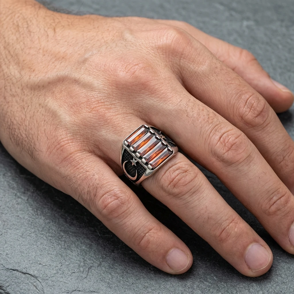 Ay Yıldız İşlemeli Beşli Baget Taşlı Yüzük