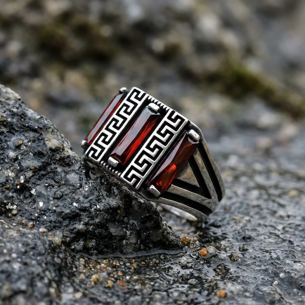 Grek Desenli ve Üçgen Detaylı Üçlü Baget Taşlı Yüzük