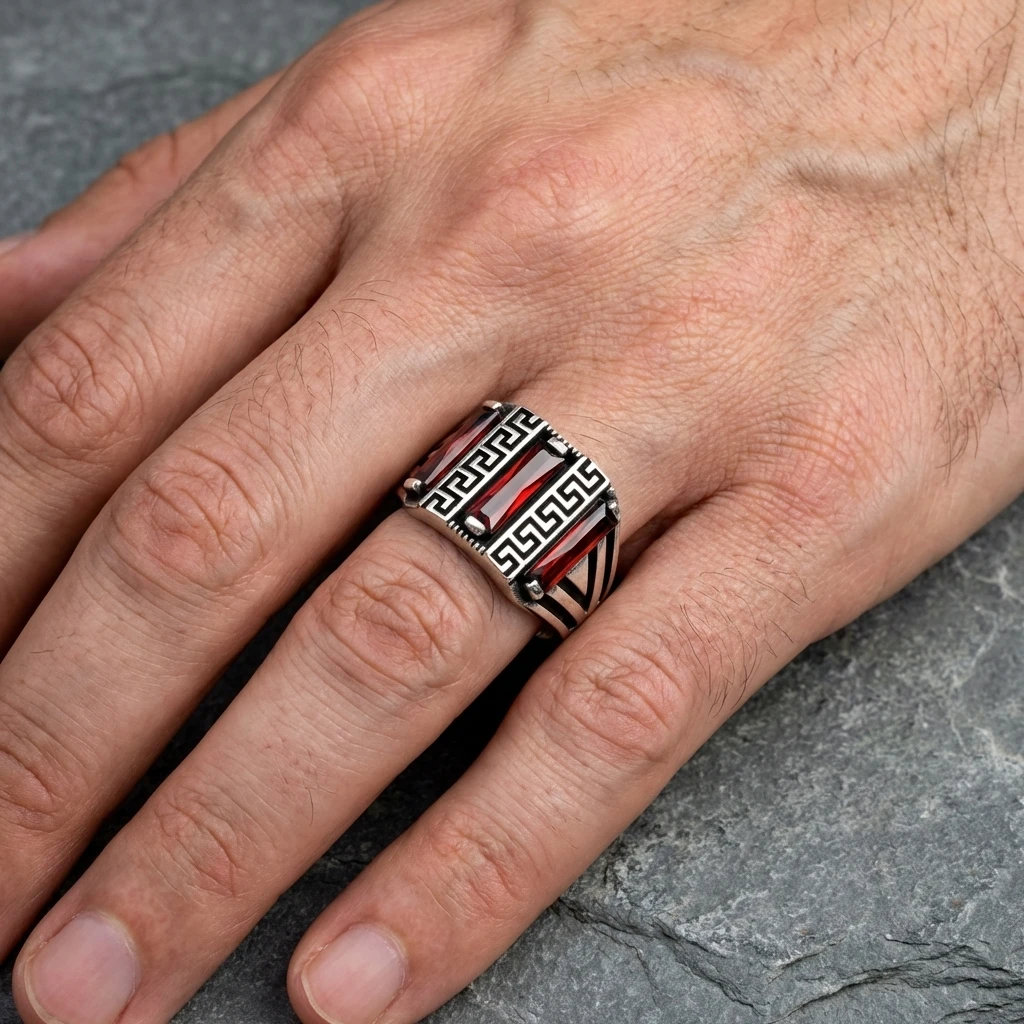 Grek Desenli ve Üçgen Detaylı Üçlü Baget Taşlı Yüzük