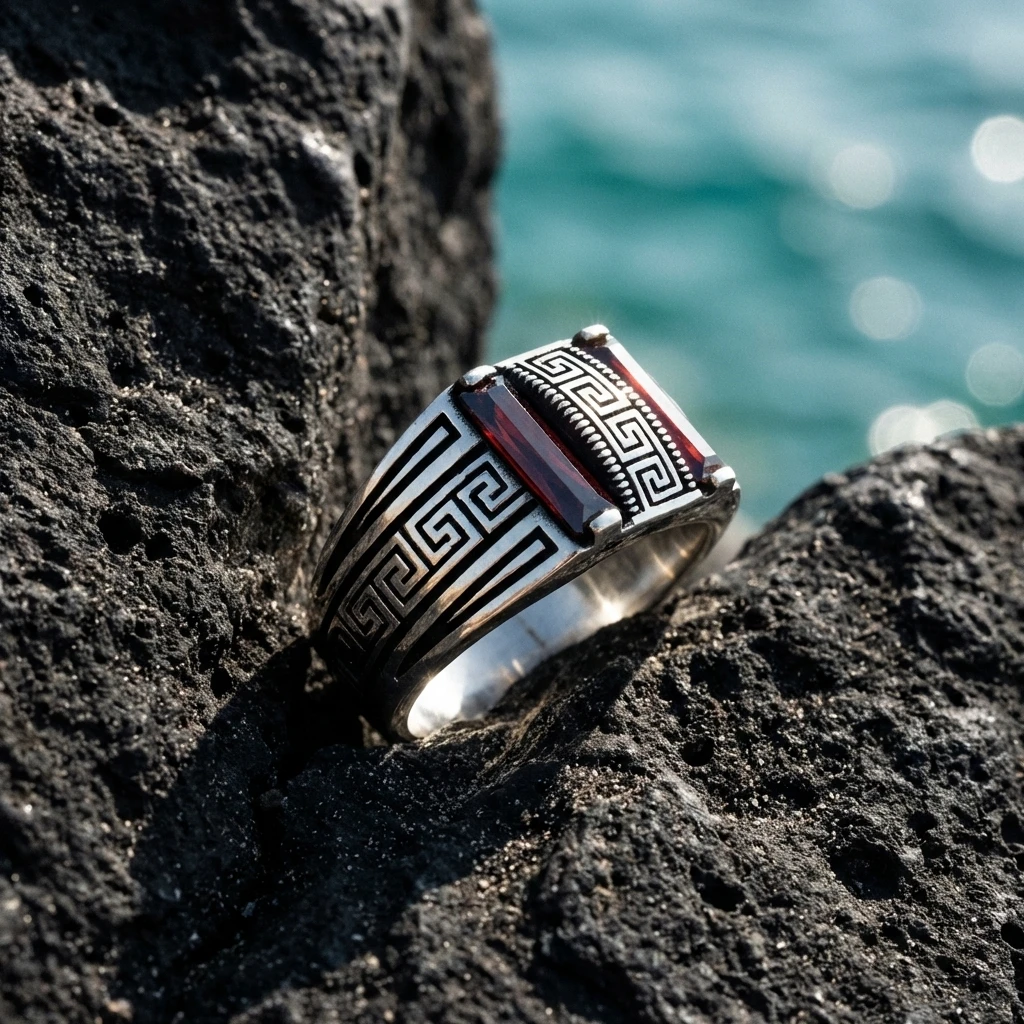 Grek Desenli İki Taşlı Baget Yüzük