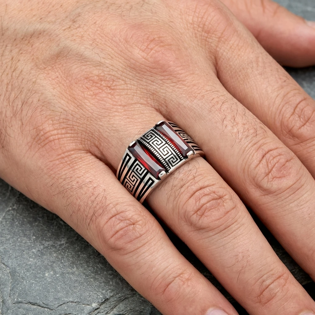 Grek Desenli İki Taşlı Baget Yüzük