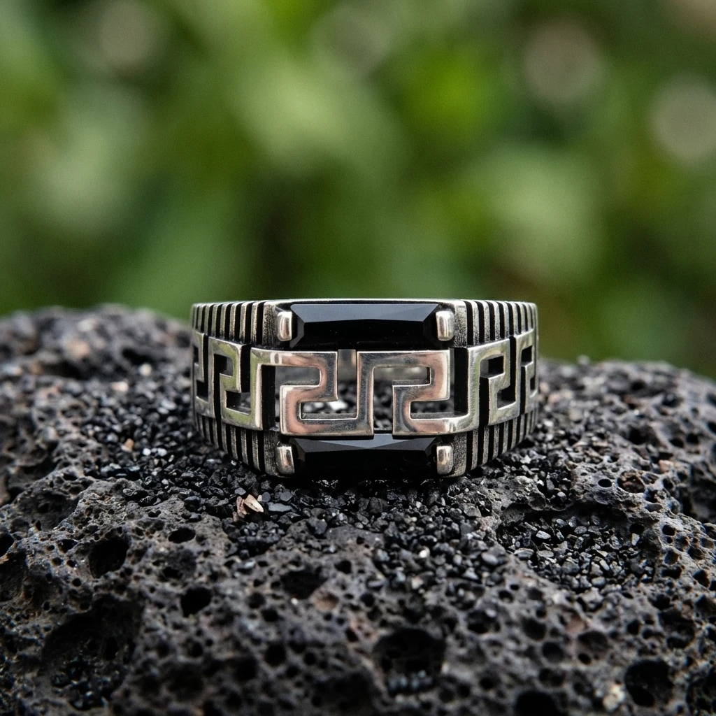 Grek Desenli ve Çizgi İşlemeli İki Taşlı Baget Yüzük