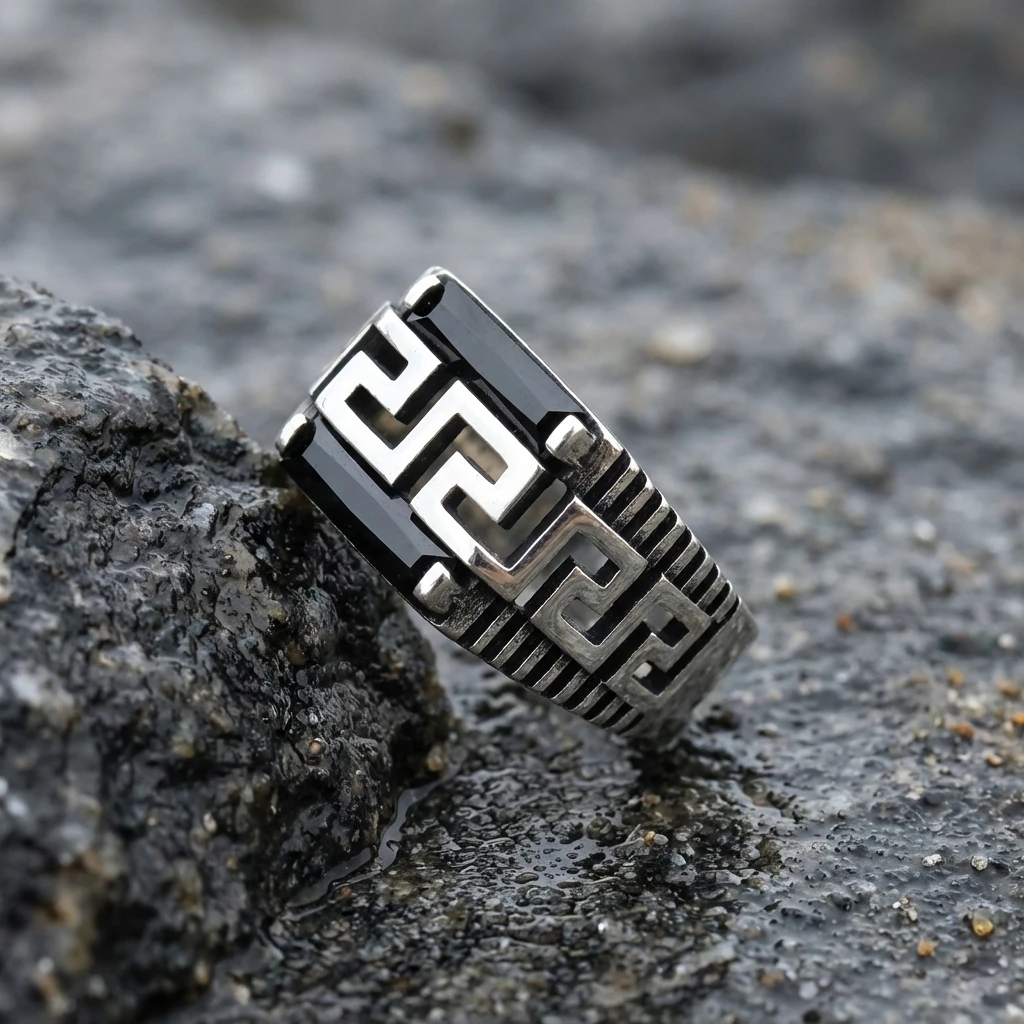 Grek Desenli ve Çizgi İşlemeli İki Taşlı Baget Yüzük