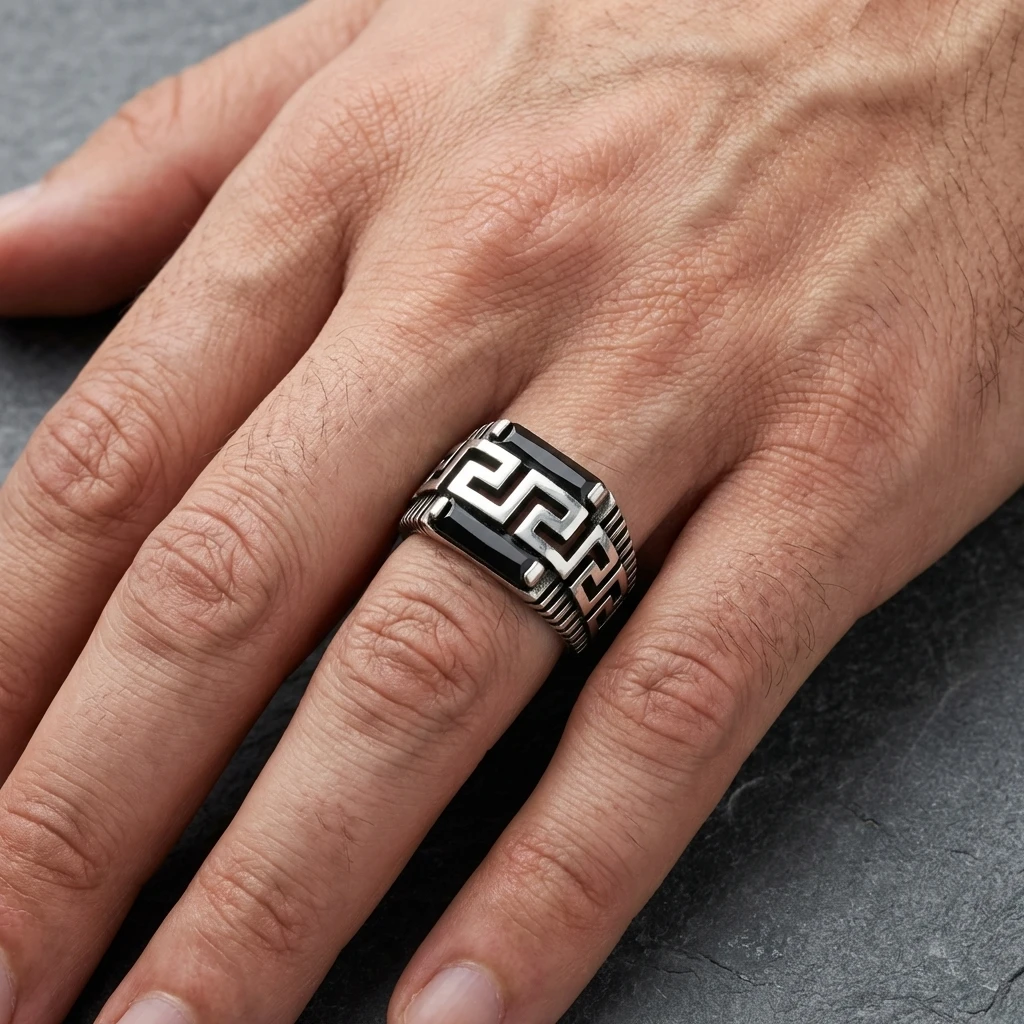 Grek Desenli ve Çizgi İşlemeli İki Taşlı Baget Yüzük