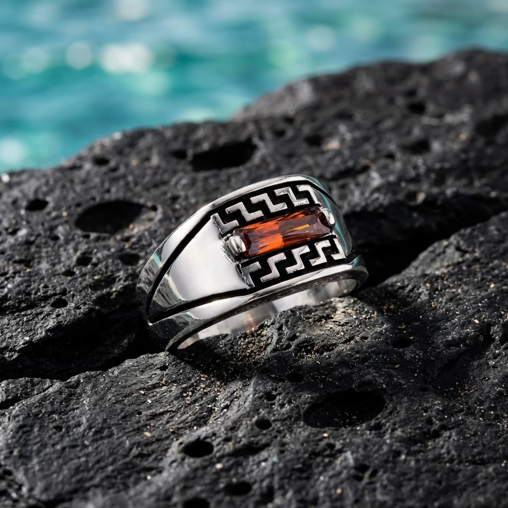 Grek İşlemeli Tek Baget Taşlı Yüzük