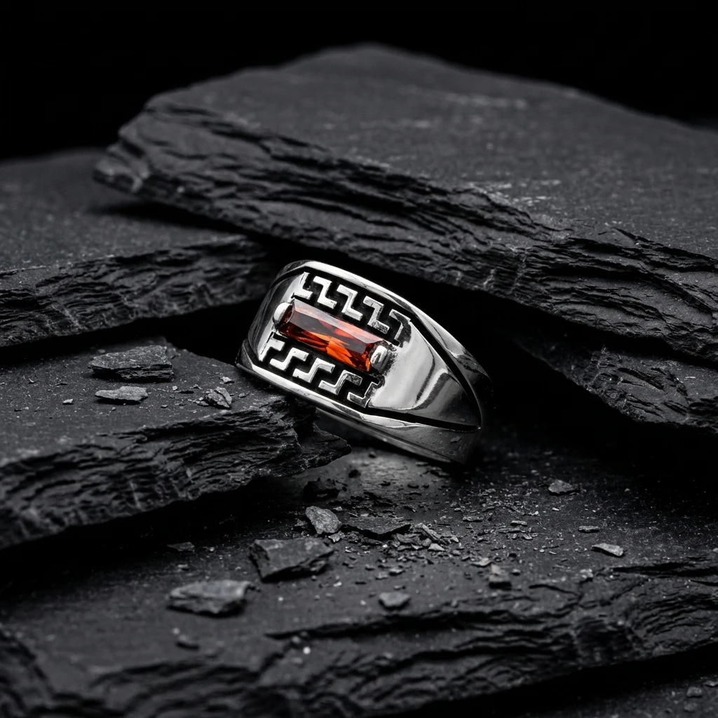 Grek İşlemeli Tek Baget Taşlı Yüzük