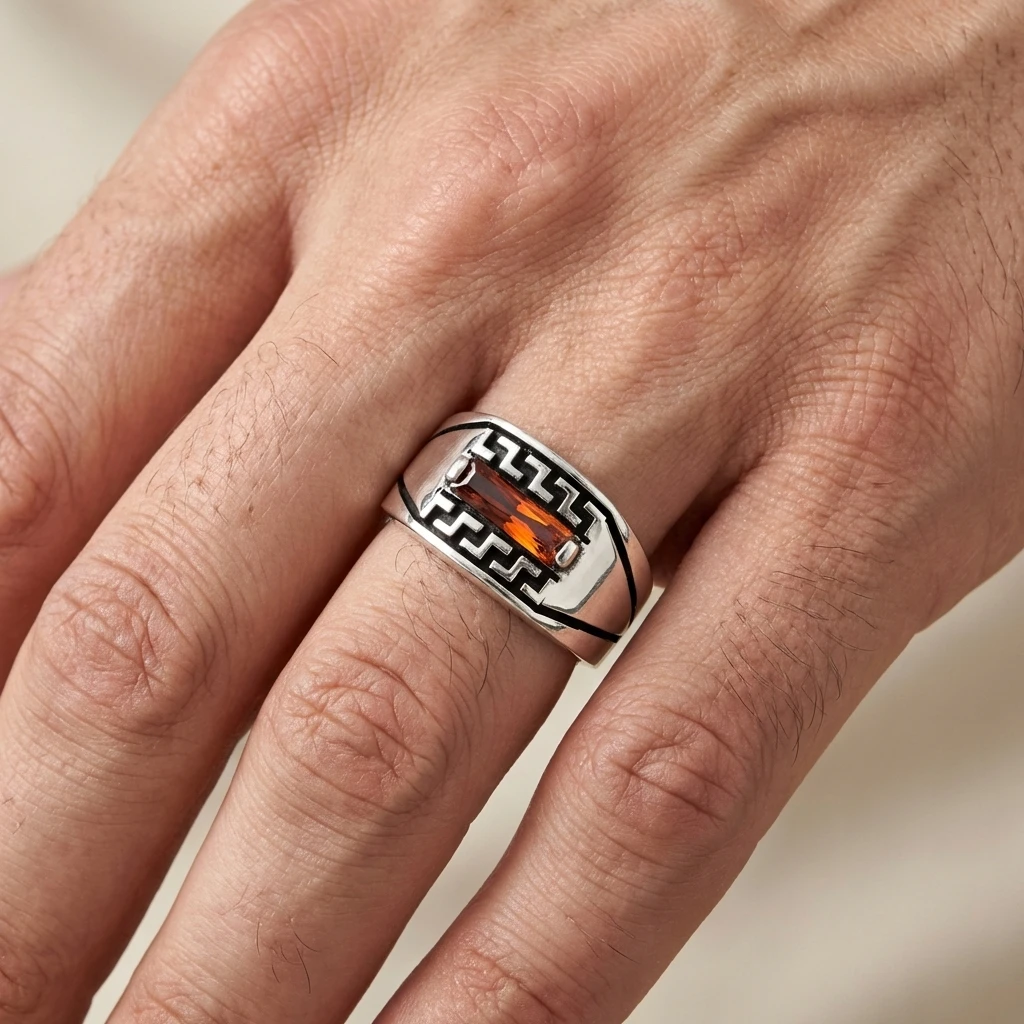 Grek İşlemeli Tek Baget Taşlı Yüzük