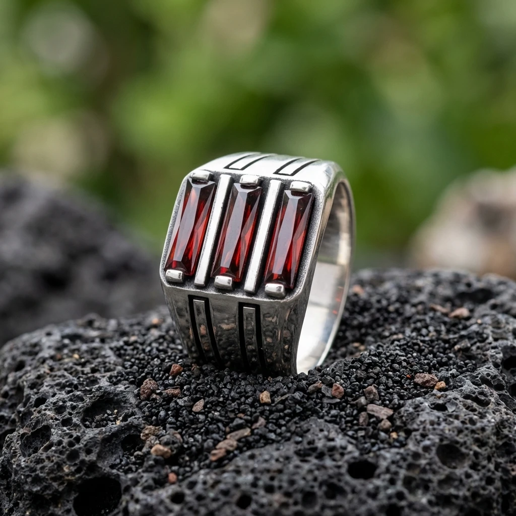 Ay Yıldız İşlemeli Beşli Baget Taşlı Yüzük