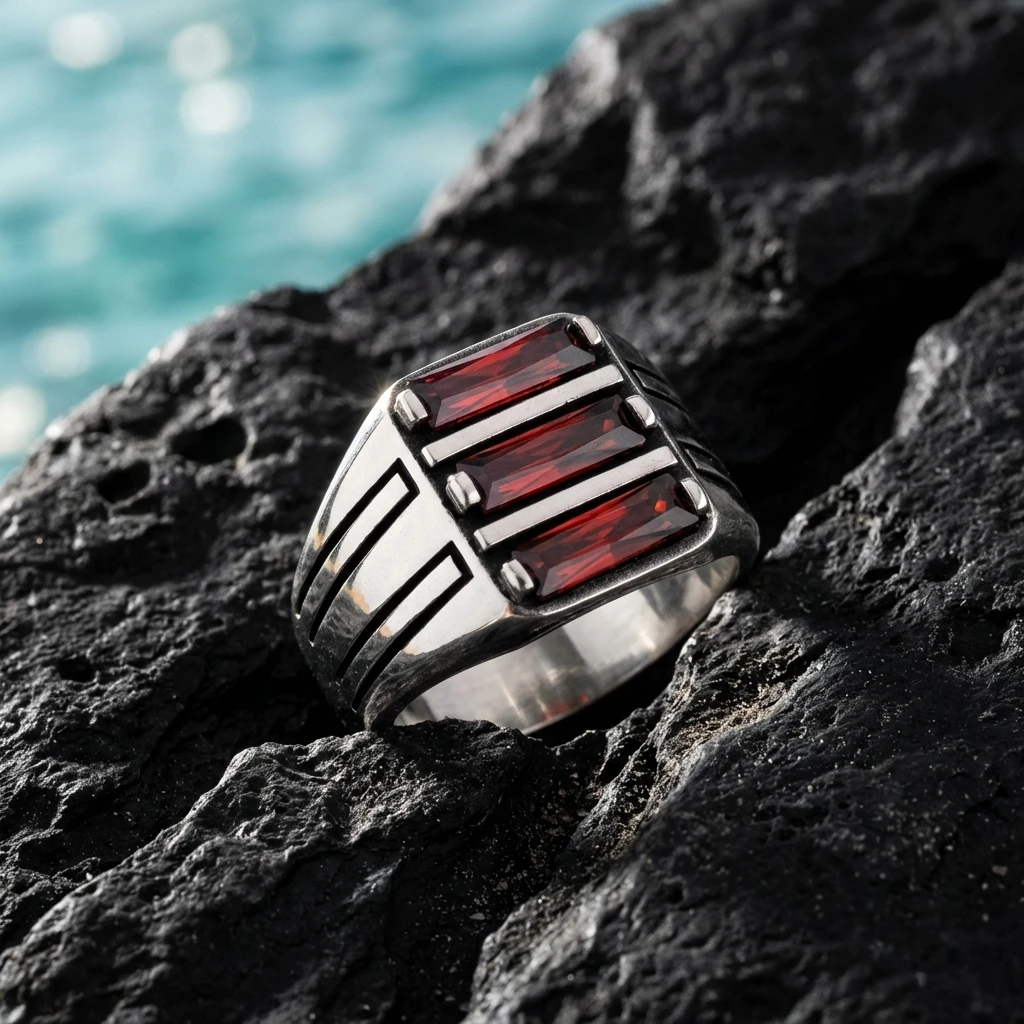 Ay Yıldız İşlemeli Beşli Baget Taşlı Yüzük