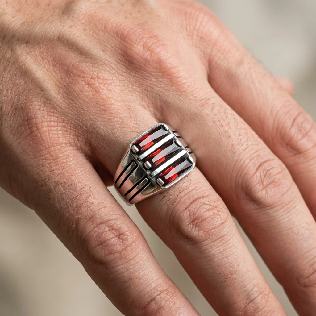 Ay Yıldız İşlemeli Beşli Baget Taşlı Yüzük