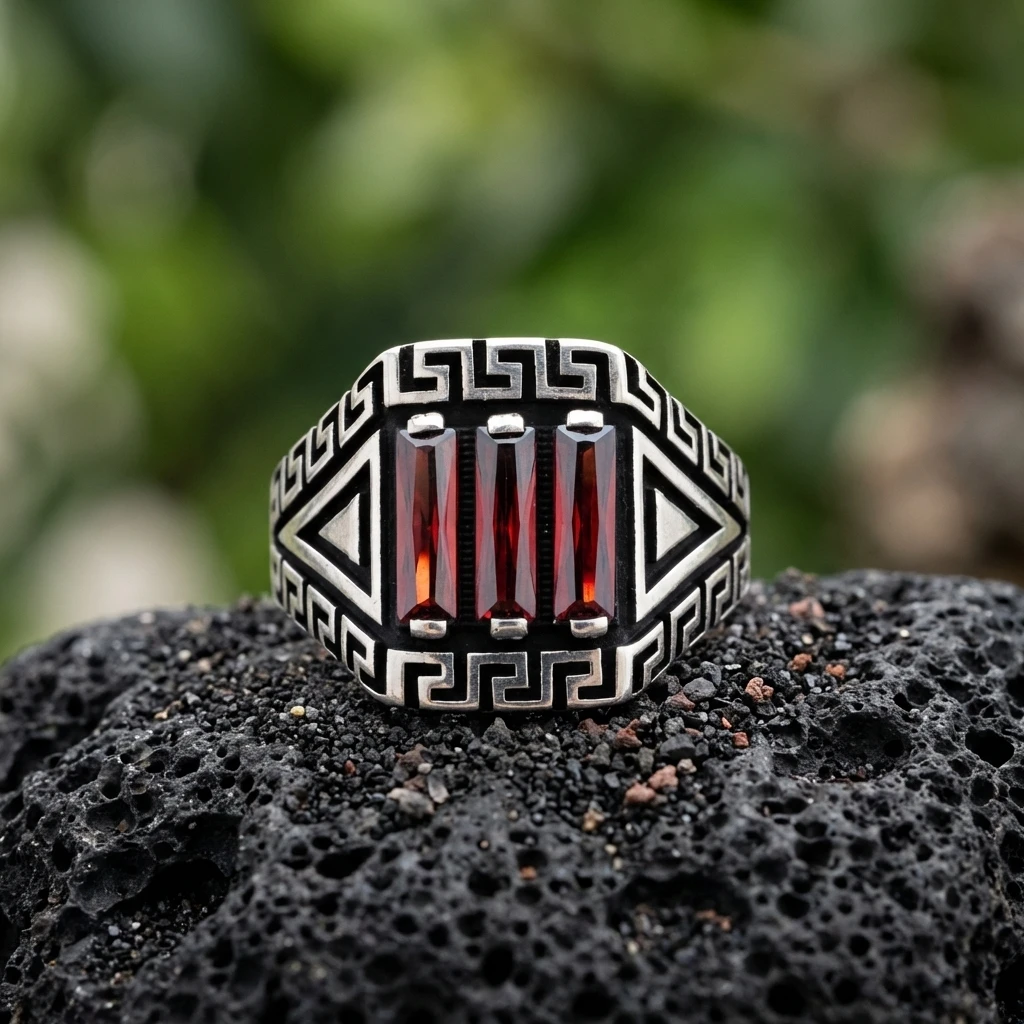 Grek Desenli ve Üçgen Formlu Üçlü Baget Gümüş Yüzük