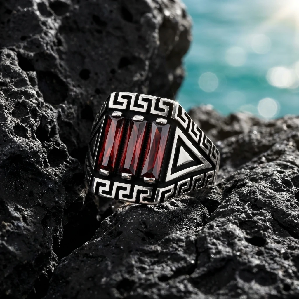 Grek Desenli ve Üçgen Formlu Üçlü Baget Gümüş Yüzük