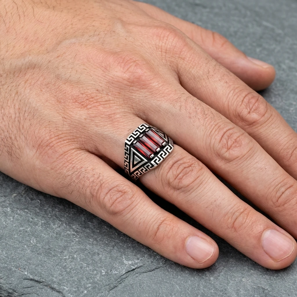 Grek Desenli ve Üçgen Formlu Üçlü Baget Gümüş Yüzük