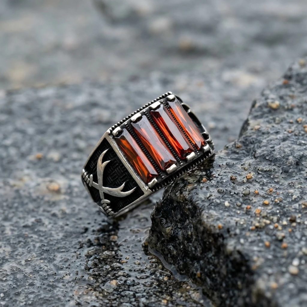 Çift Zülfikar Kılıcı İşlemeli Üçlü Baget Yüzük