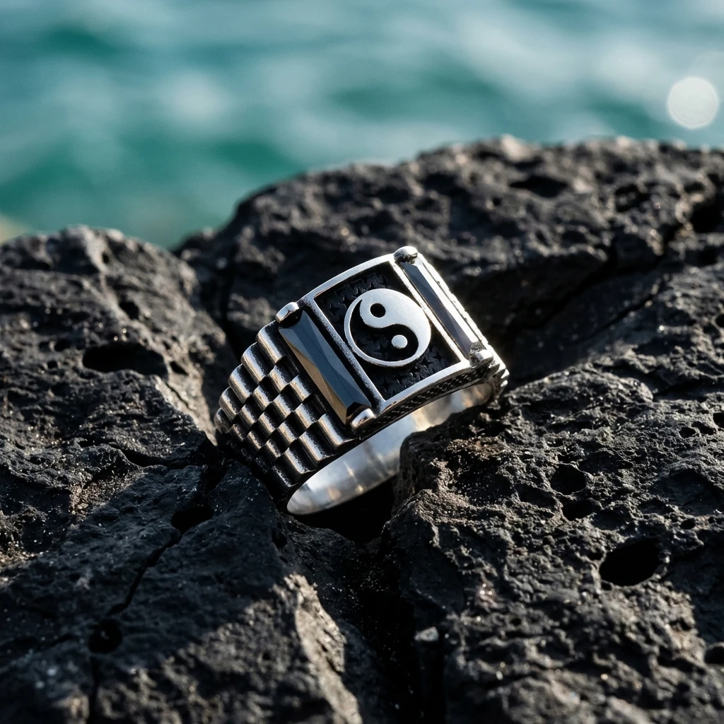 Yin Yang Sembollü ve Saat Kordonu Desenli Yüzük