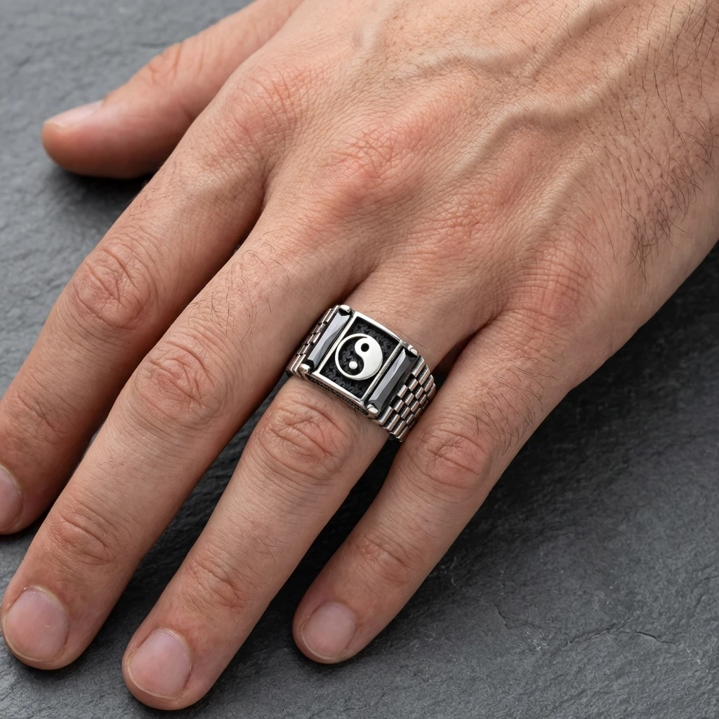 Yin Yang Sembollü ve Saat Kordonu Desenli Yüzük