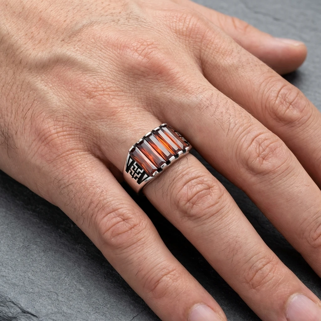 Labirent İşlemeli Beşli Baget Taşlı Yüzük