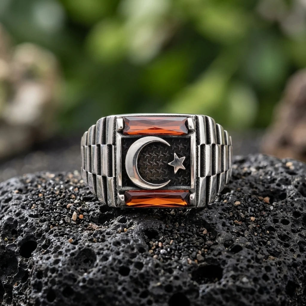 Ay Yıldız Kabartmalı ve Çift Baget Taşlı Yüzük