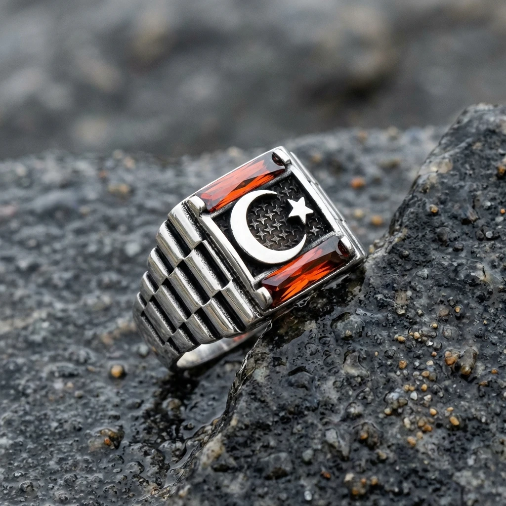 Ay Yıldız Kabartmalı ve Çift Baget Taşlı Yüzük