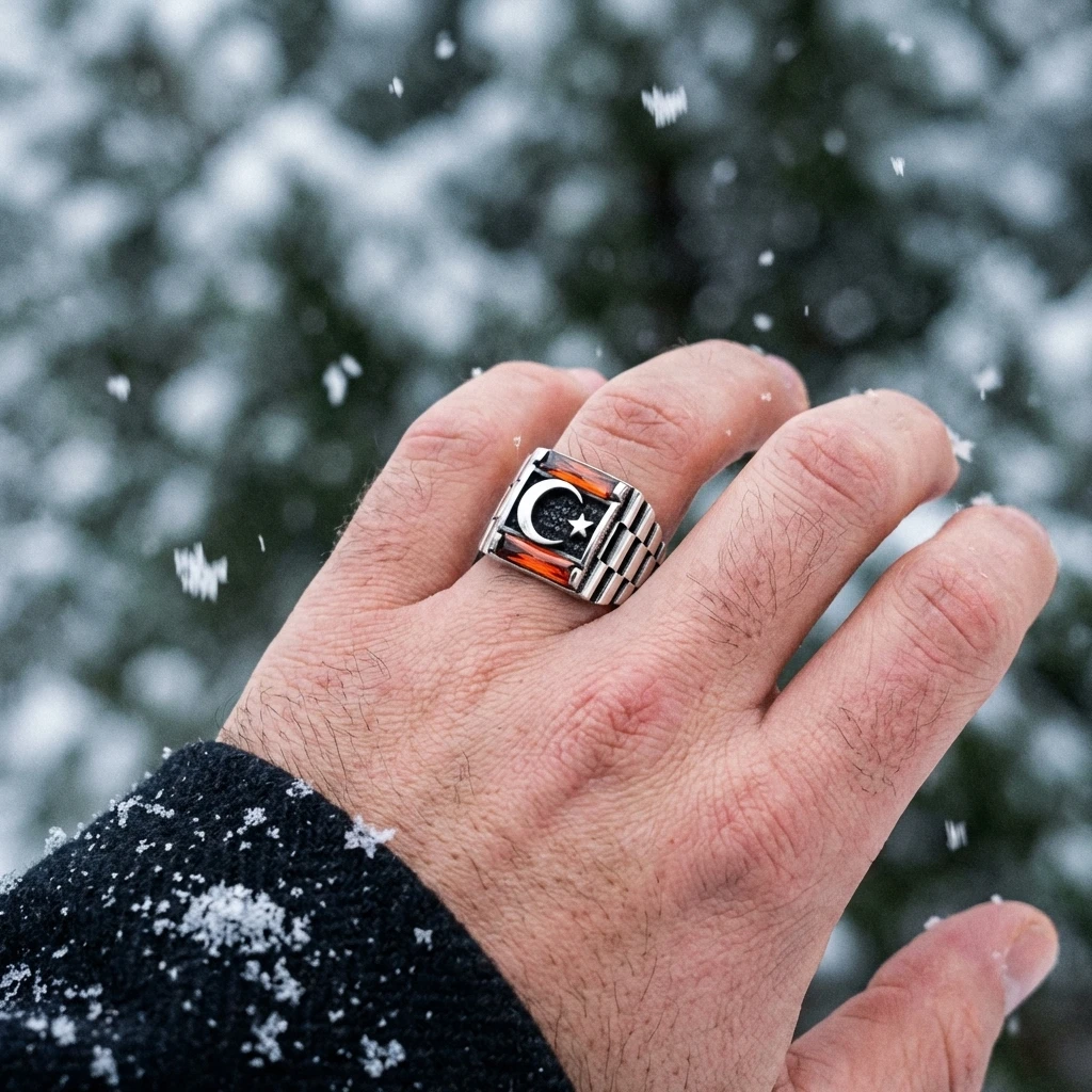 Ay Yıldız Kabartmalı ve Çift Baget Taşlı Yüzük