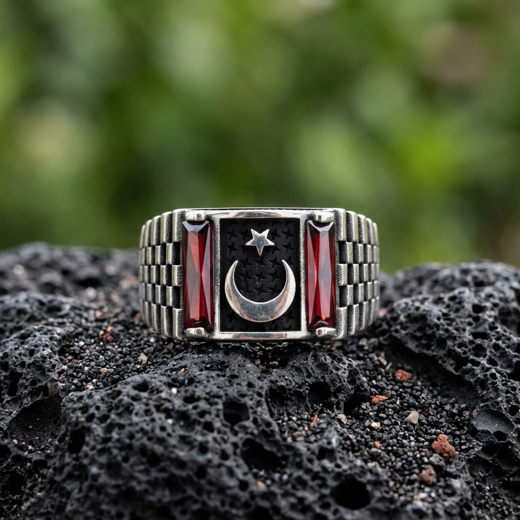 Ay Yıldız İşlemeli ve Çift Baget Taşlı Yüzüğü