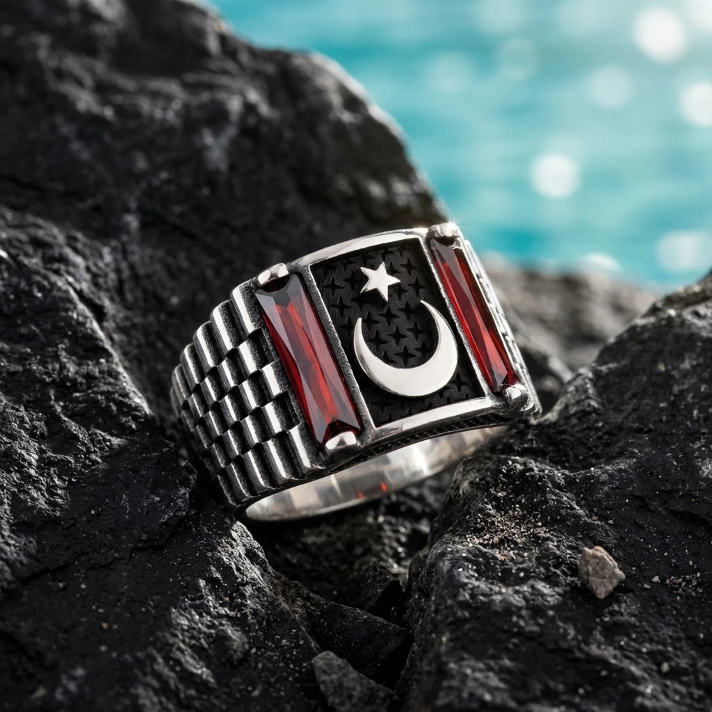 Ay Yıldız İşlemeli ve Çift Baget Taşlı Yüzüğü