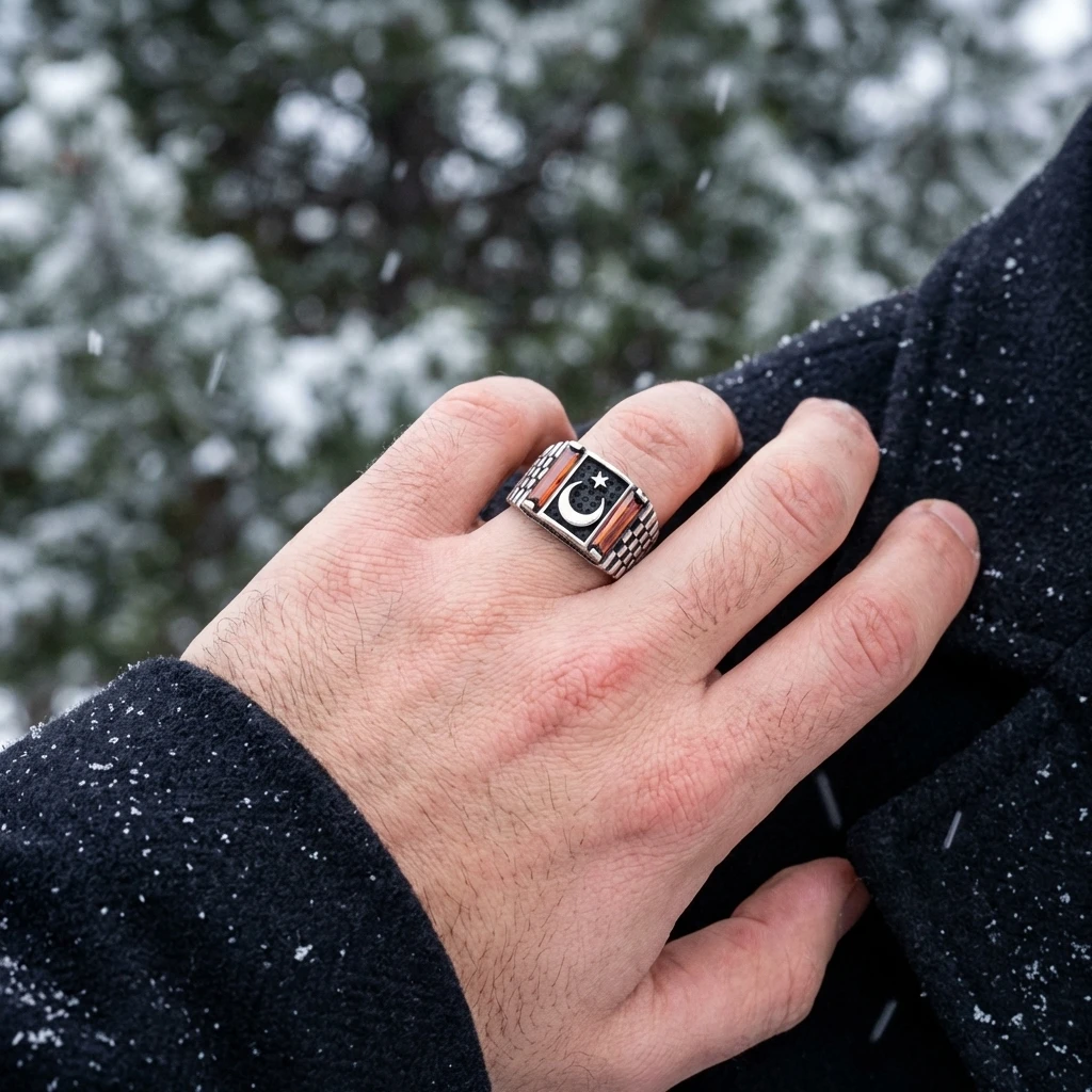 Ay Yıldız İşlemeli ve Çift Baget Taşlı Yüzüğü