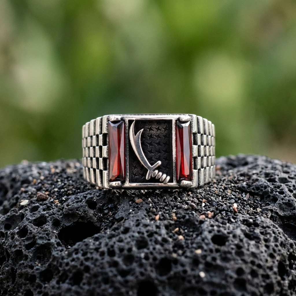 Zülfikar Kılıcı İşlemeli ve Çift Baget Taşlı Yüzüğü