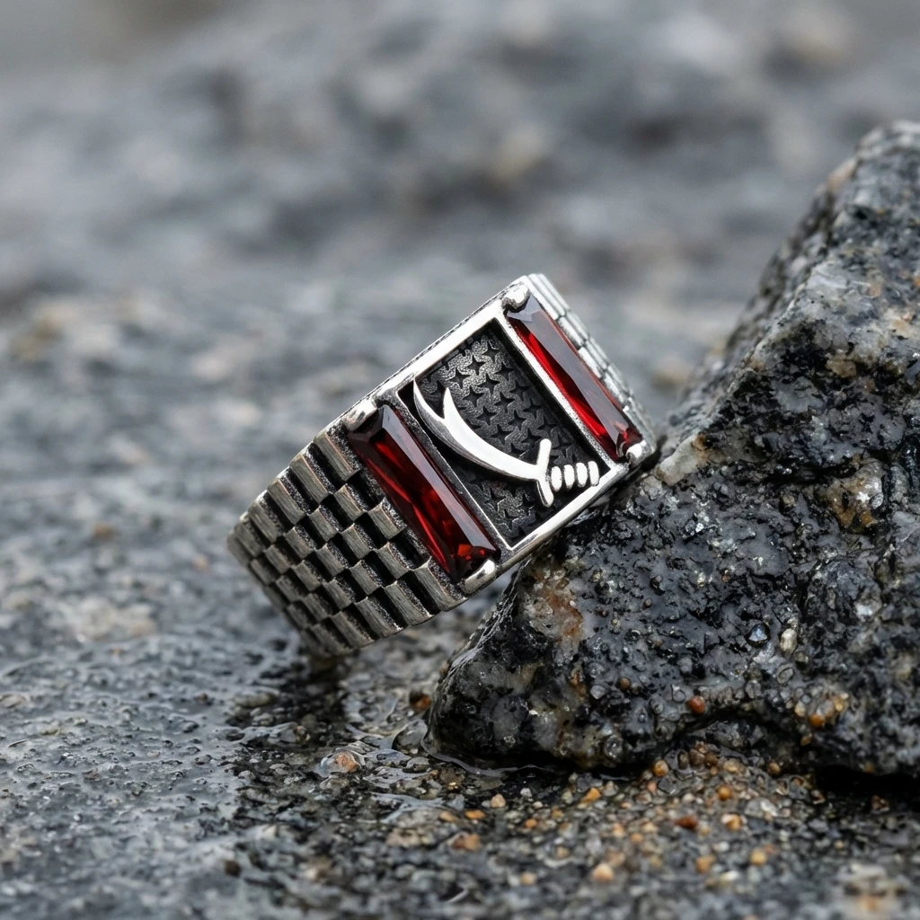 Zülfikar Kılıcı İşlemeli ve Çift Baget Taşlı Yüzüğü