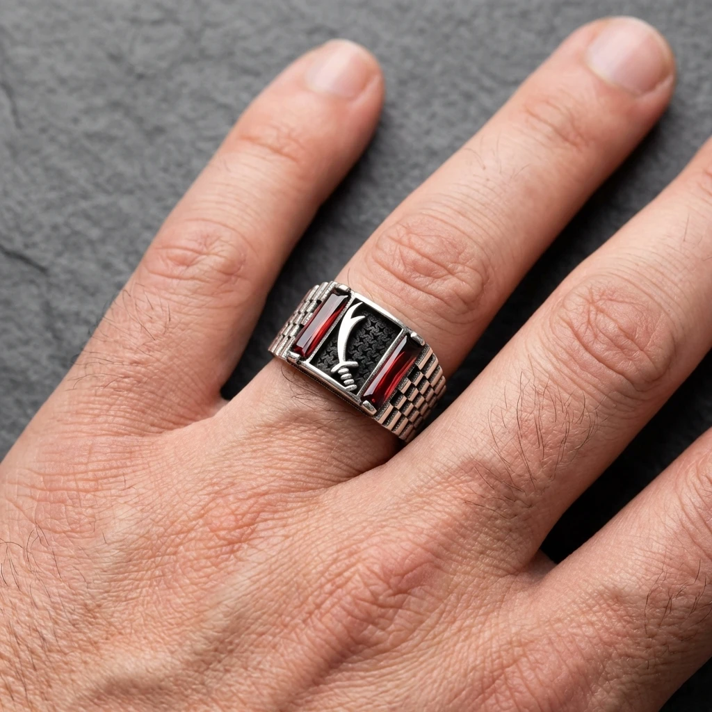 Zülfikar Kılıcı İşlemeli ve Çift Baget Taşlı Yüzüğü