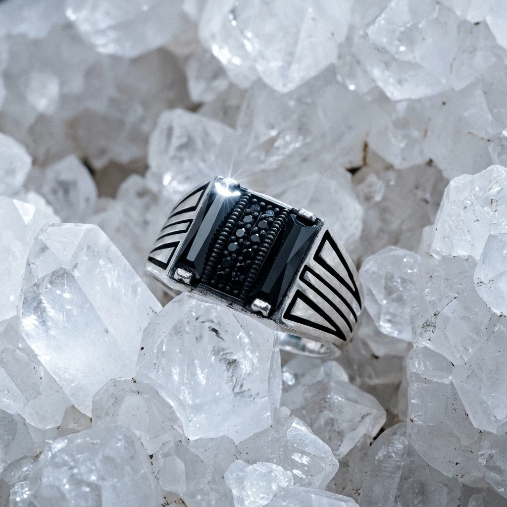 Kare Kesim Siyah Zirkon Taşlı Modern Yüzük