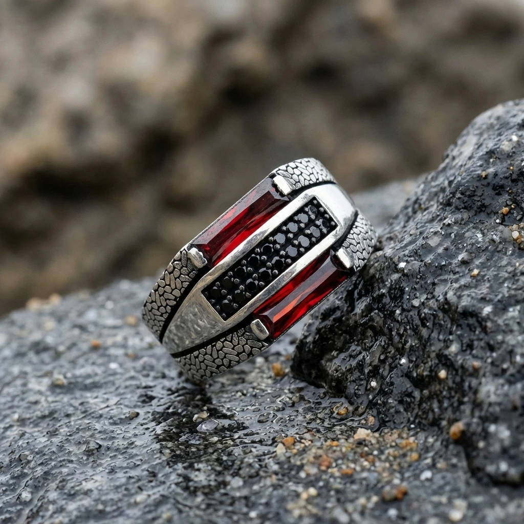 Baget Taşlı Gümüş Erkek Yüzük