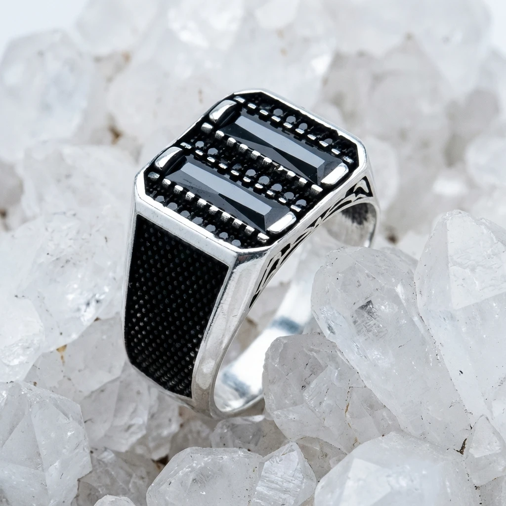 Kare Kasa Baget Tasarım Mikro Taş Gümüş Yüzük