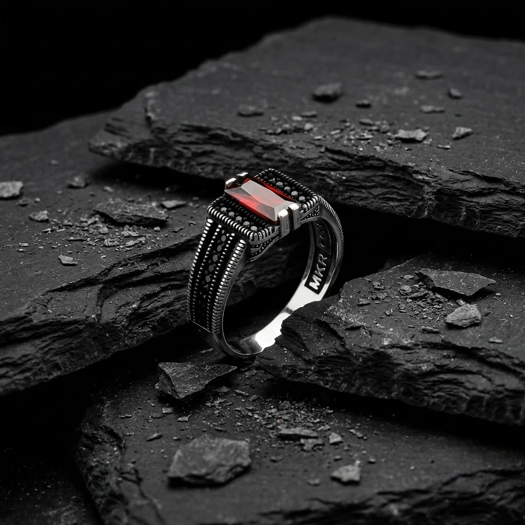 Siyah Mikro Taşlı Baget Taşlı Gümüş Yüzük