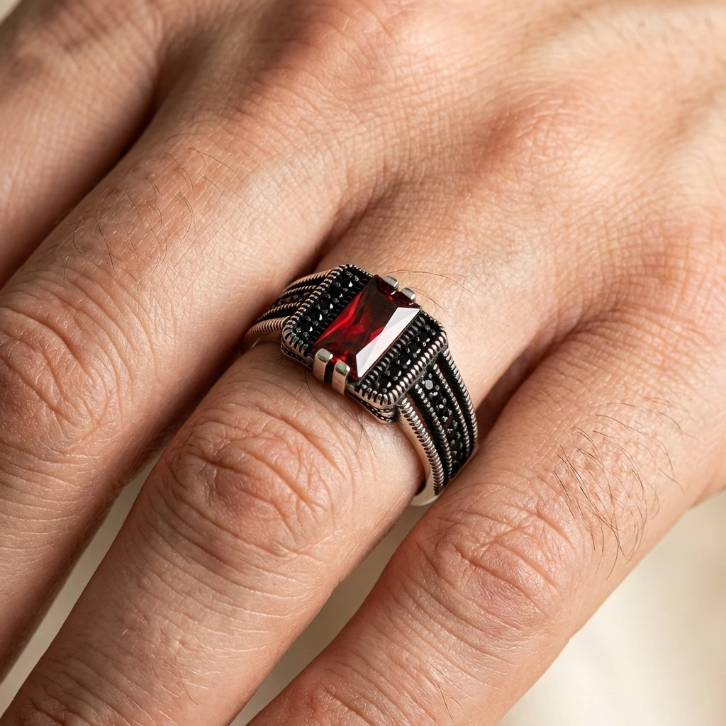 Siyah Mikro Taşlı Baget Taşlı Gümüş Yüzük