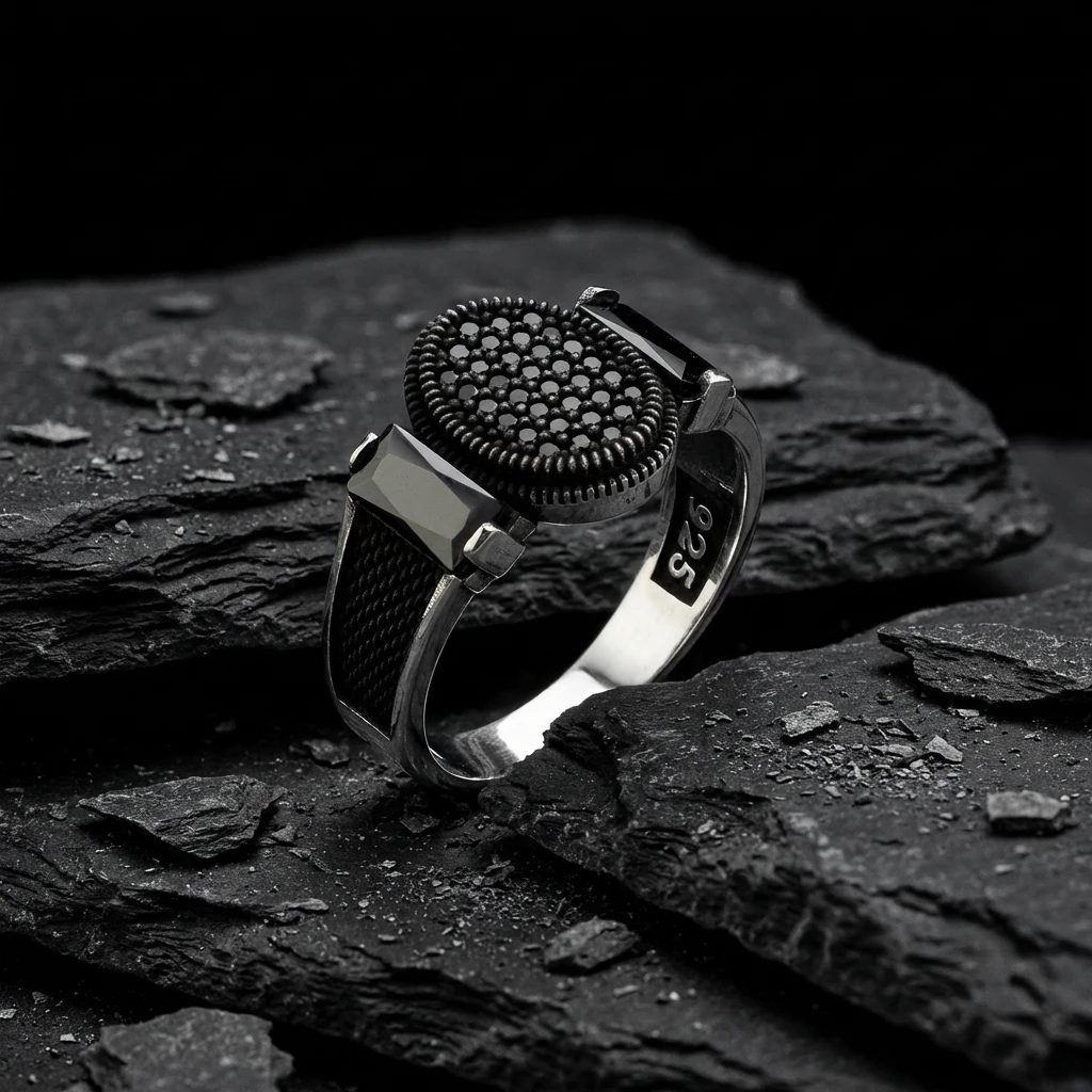 Oval Mikro Taşlı Yanları Baget Taşlı Gümüş Yüzük