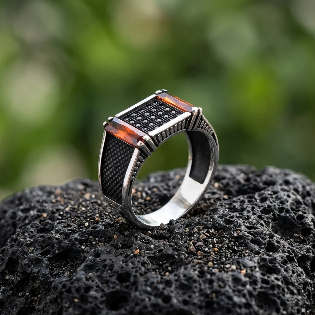 Çift Kızıl Baget Taşlı Gümüş Yüzük