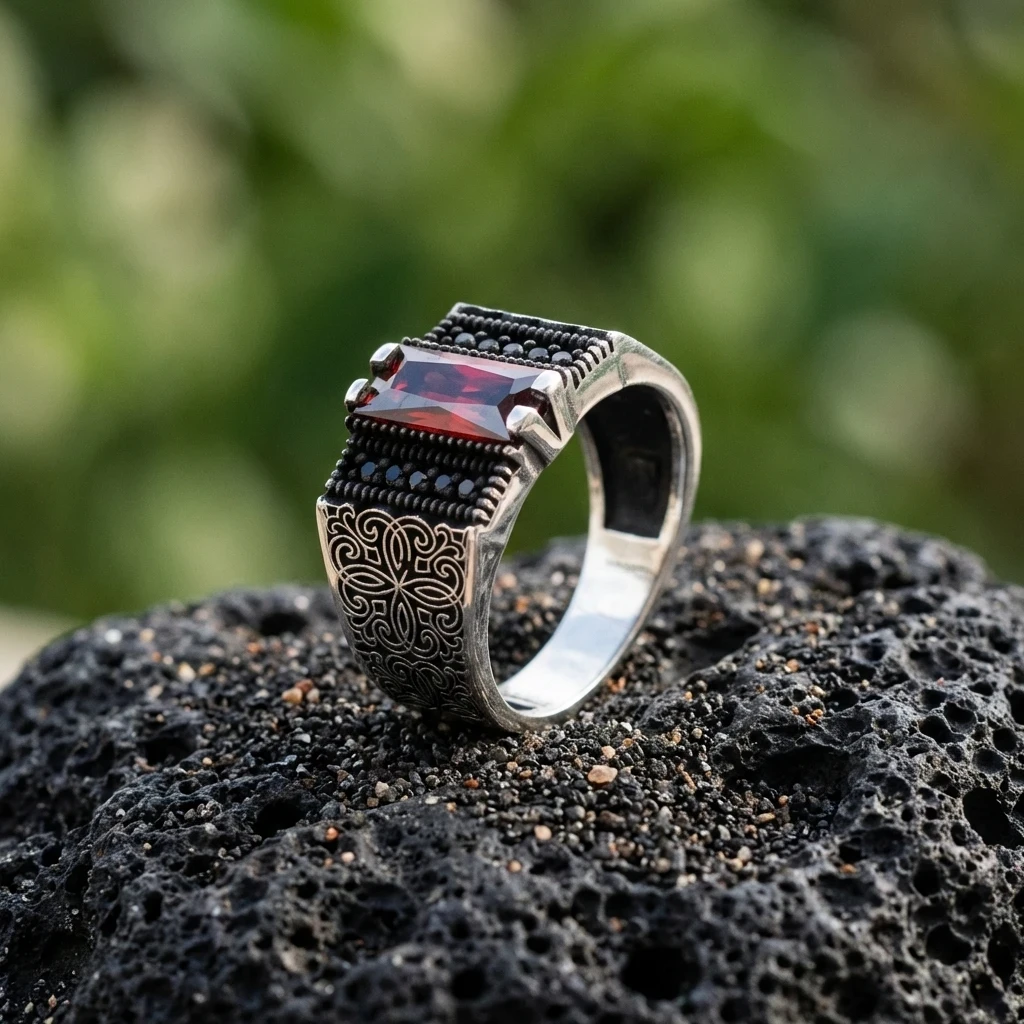 Kalemkar Desenli Baget Taşlı Gümüş Yüzük