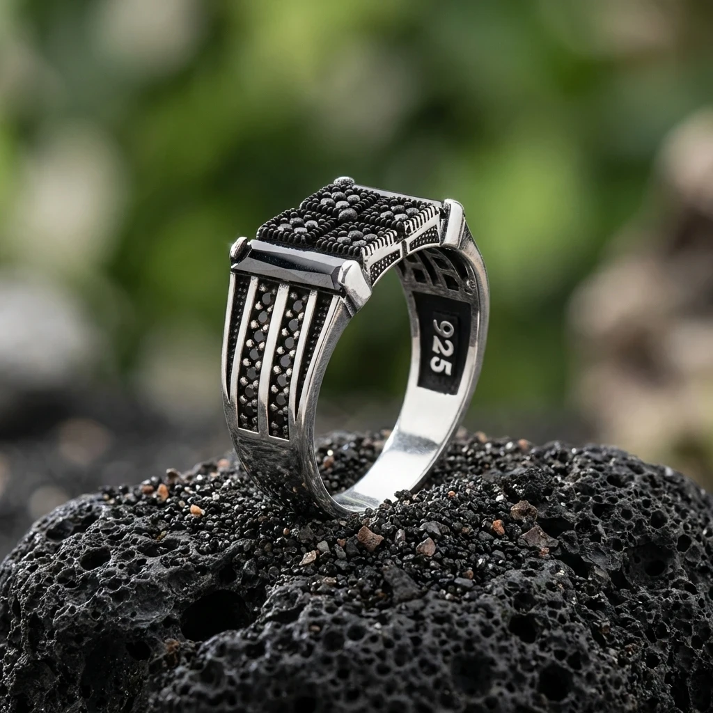 Izgara Desenli Çift Baget Taşlı Gümüş Yüzük