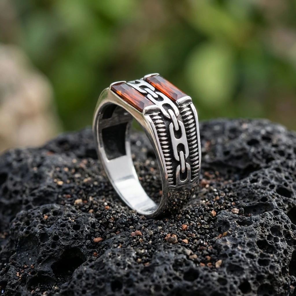 Zincir Desenli İkili Baget Taşlı Gümüş Yüzük