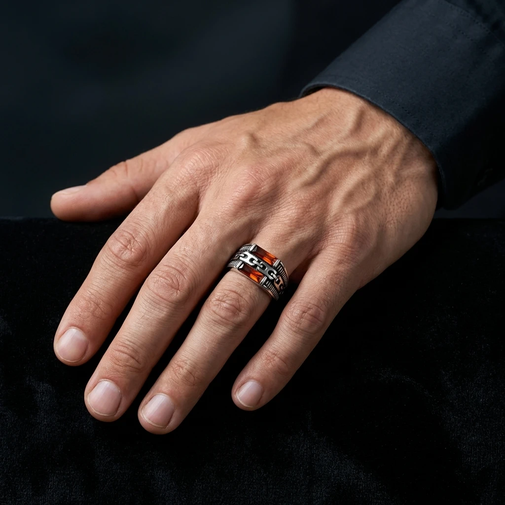 Zincir Desenli İkili Baget Taşlı Gümüş Yüzük