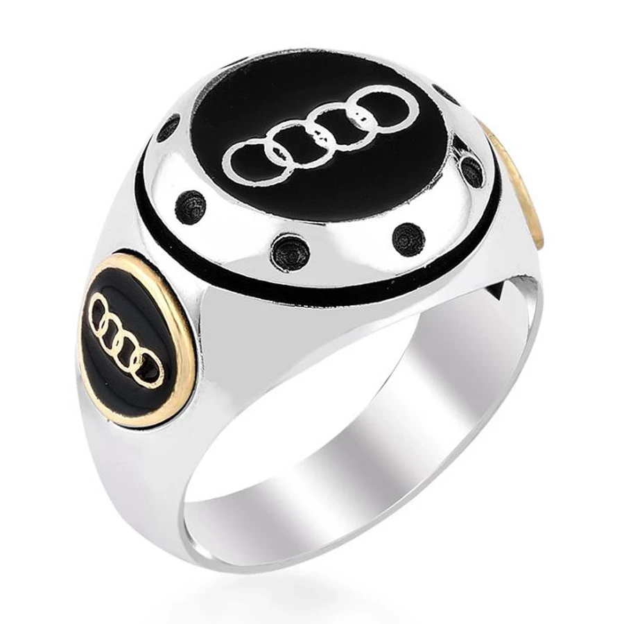 Audi Logolu ve Siyah Mineli Erkek Yüzüğü