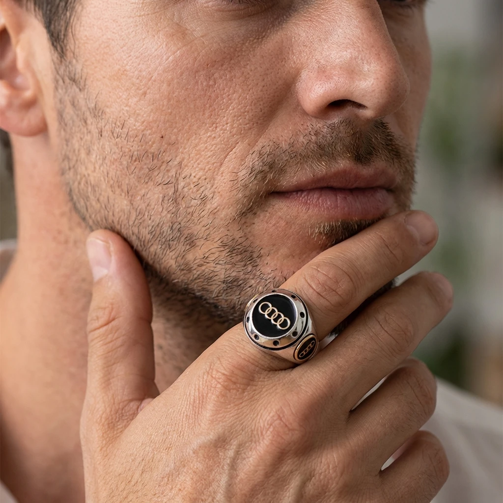 Audi Logolu ve Siyah Mineli Erkek Yüzüğü