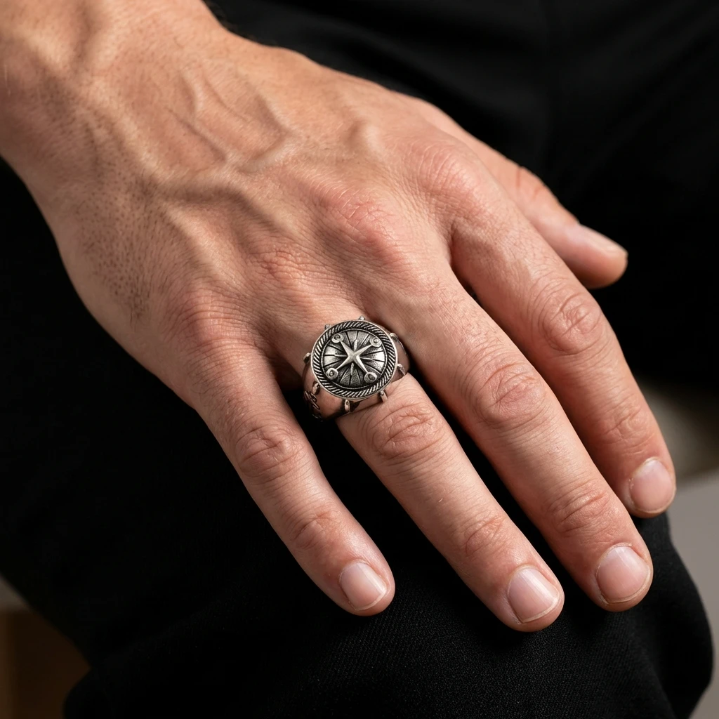 Yuvarlak Pusula Çapa Tasarım Gümüş Erkek Yüzüğü